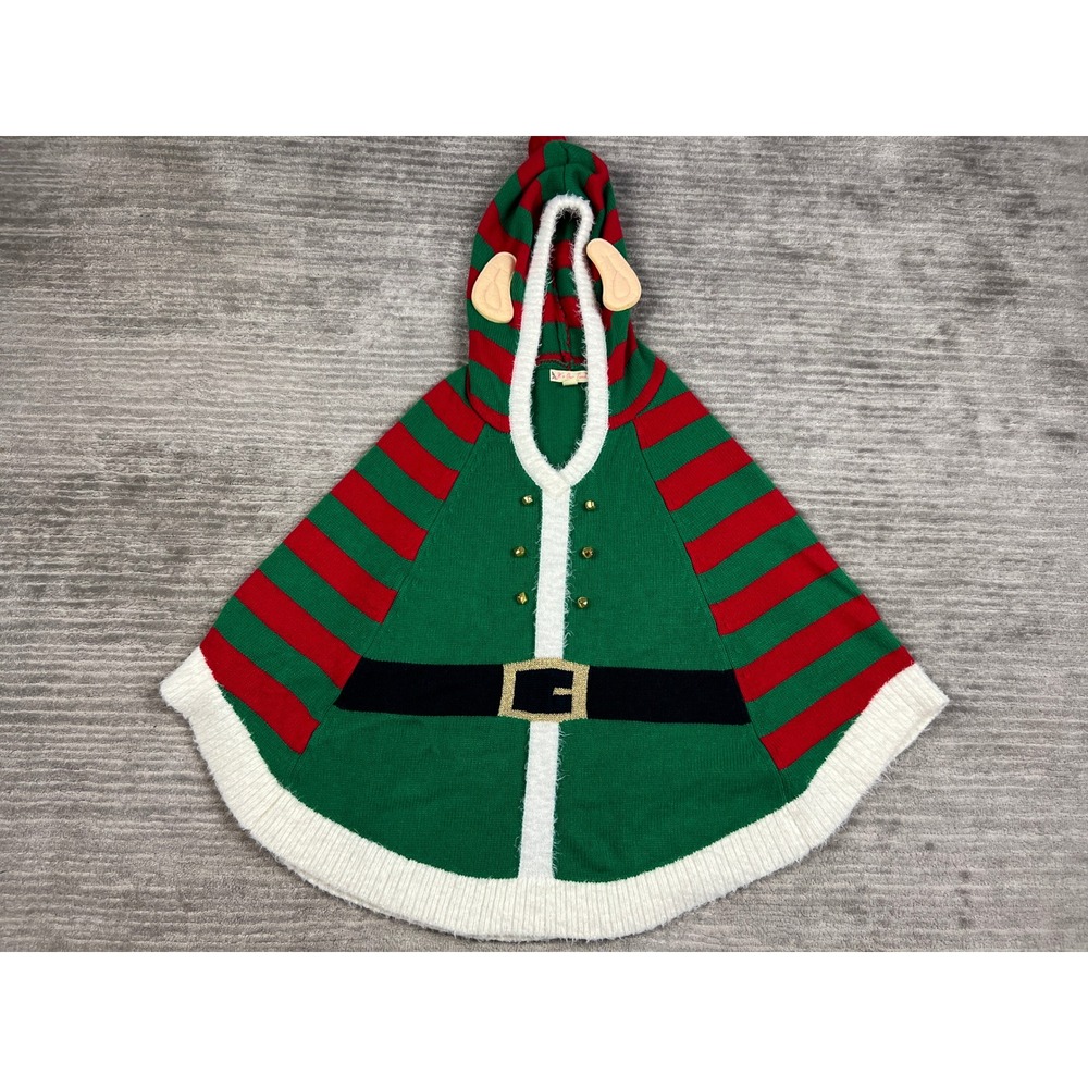 It's Our Time Poncho Womens XS Christmas Elf Hooded Novelty Knit Jingle Bell